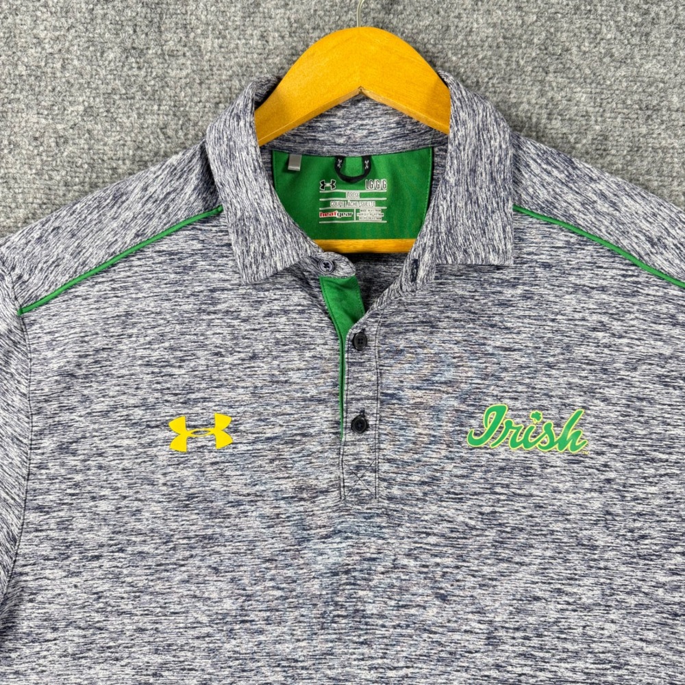Under Armour Notre Dame Irish Polo Shirt Men's Large Blue HeatGear Short Sleeve